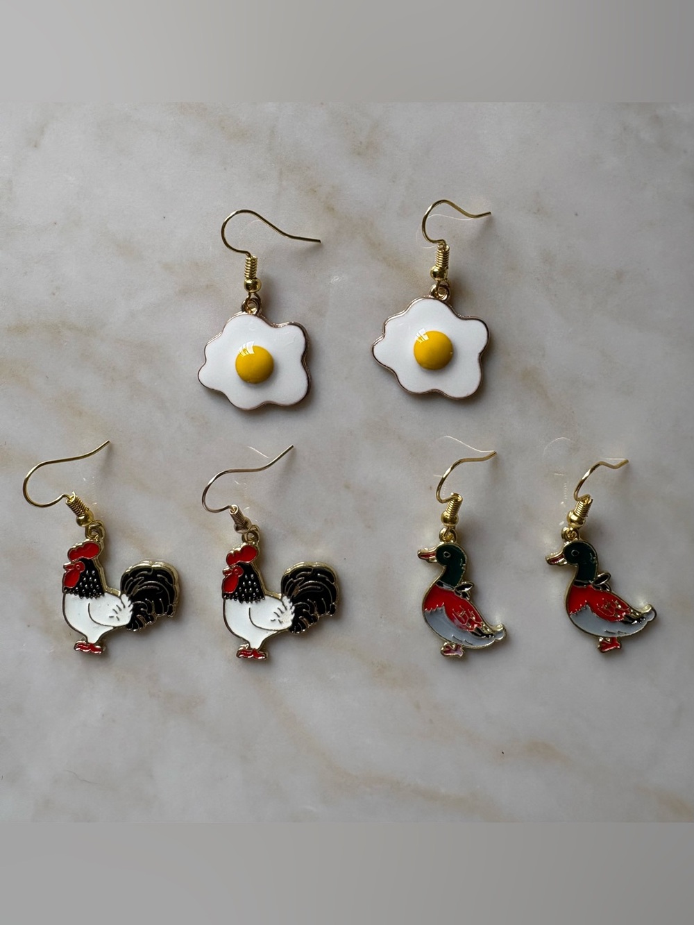 Cute White & Yellow Egg Drop Roster Duck Dangle Earrings - 3 Pairs / Farm